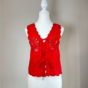 Dex Coral Eyelet Lace-Up Blouse